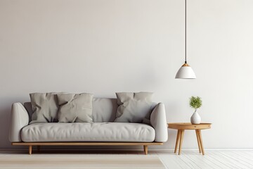 Grey lamp above pillow on white sofa next to wooden Generative AI