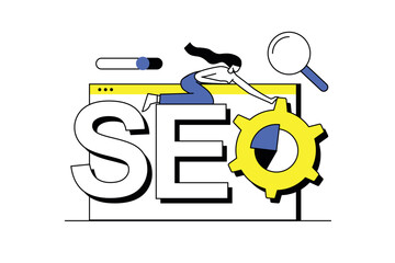 SEO optimization concept with people scene in the flat cartoon design. The specialist works on optimizing customer data. Vector illustration.