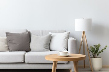 Grey lamp above pillow on white sofa next to wooden 
 Generative AI