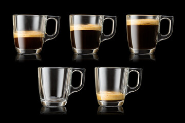 Transparent double wall glass mug with espresso coffee on black background.