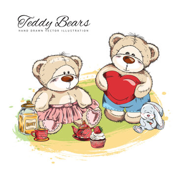 Boy and girl teddy bears drinking tea with honey and cupcake, sketch vector illustration isolated on white background.