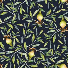 Obraz premium Pomegranate branches with young fruits watercolor seamless pattern on dark blue background for fabrics, Jewish Rosh Hashanah greeting card, botanical floral designs