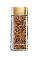Instant coffee in glass jar with golden lid isolated. Transparent PNG image.