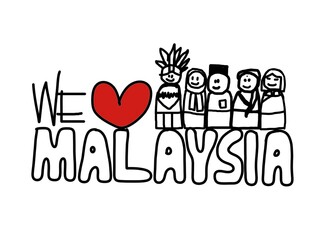 I Love Malaysia in illustration with Malaysian people in different races