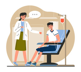 Young male sitting on couch in hospital, talking with nurse and donate blood for people in need. Medical center for blood collection. Lifesaving impact of blood concept. Flat vector illustration