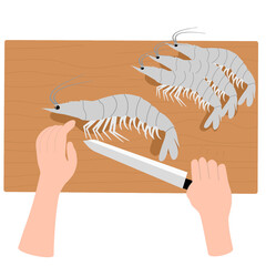 hand holding knife prepare shrimp on wooden chopping board, food preparation concept