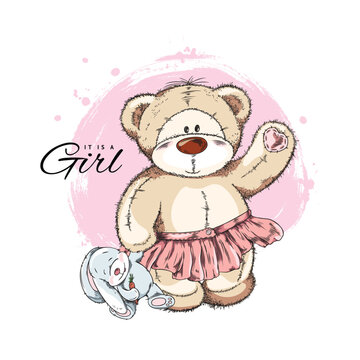Cute girl teddy bear in pink skirt waving, hand drawn sketch vector illustration isolated on white background.