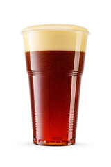 Dark brown porter beer in plastic disposable cup isolated. Transparent PNG image.
