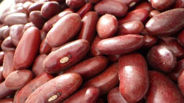 Through the probe lens, red kidney beans reveal their vibrant, kidney-shaped form. Nutrient-packed and versatile, they add a colorful touch to dishes. Red kidney beans background. Food concept
