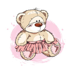Colored watercolor isolated vector cartoon sketch of funny sitting teddy bear, Hand drawn pretty girl bear doll in skirt