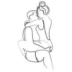 Young Man and woman in passionate pose hugging One line drawing vector illustration.Passionate feelings between guy and girl sect drawing.Minimal style.Continuous line design for print,poster,banner