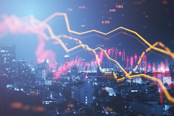 Abstract falling forex chart with index on blurry city wallpaper. Crisis and declining trade concept. Double exposure.