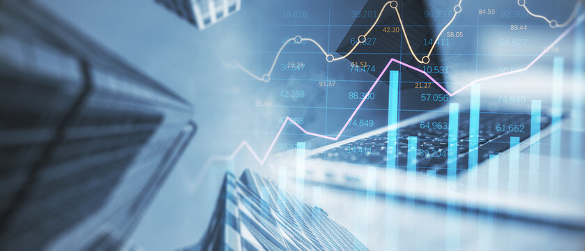 Wide image of office workplace with device and forex graph on creative blurry city background. Landing page background, trade, success and finance concept. Double exposure.