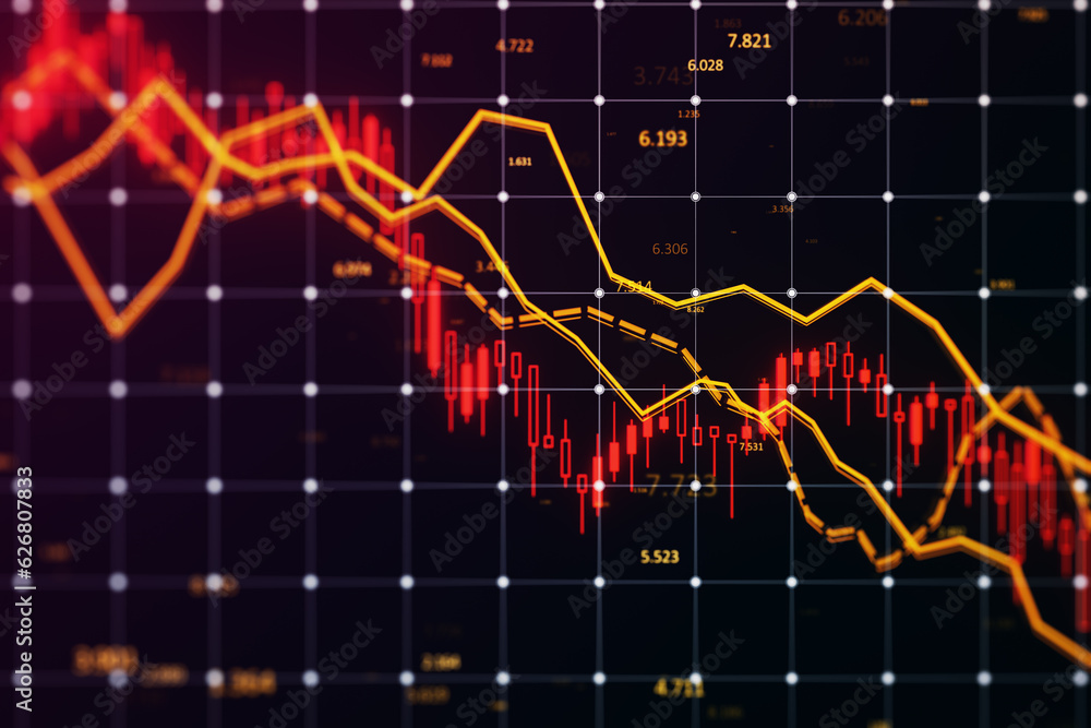 Poster Creative falling forex chart with index on blurry dark background. Crisis and declining trade concept. 3D Rendering.