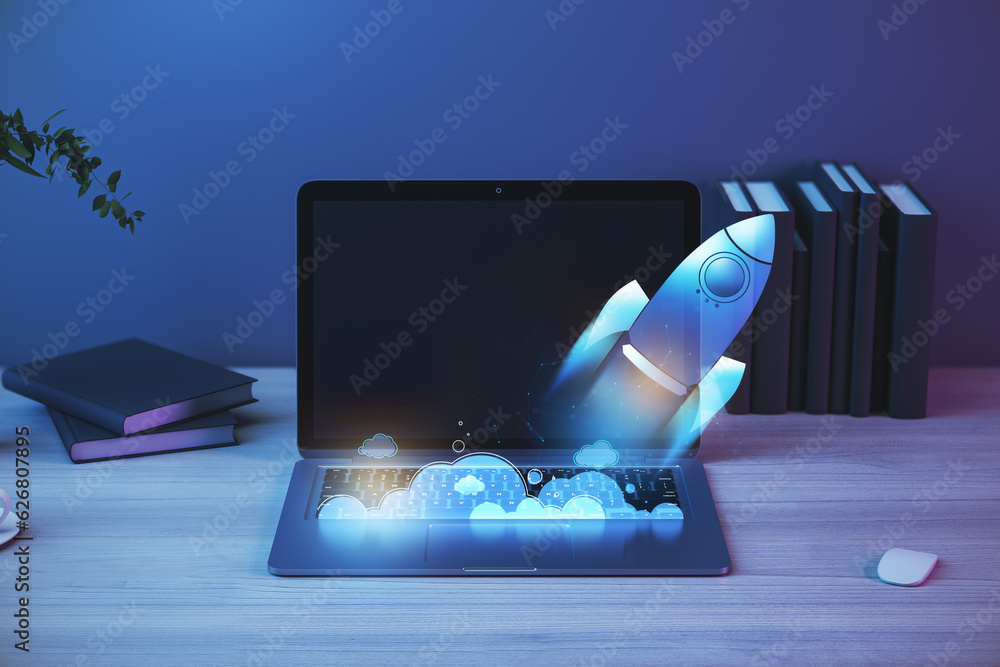 Poster close up of laptop at workplace with supplies and glowing flying blue rocket. start up and launch co