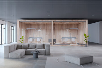 Fototapeta na wymiar Modern wooden and concrete open space designer office interior with furniture, panoramic windows with city view and various objects. 3D Rendering.
