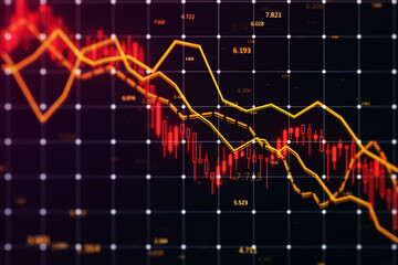 Creative falling forex chart with index on blurry dark background. Crisis and declining trade concept. 3D Rendering.