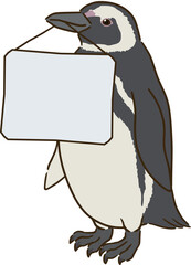 メッセージボードをくわえるマゼランペンギン