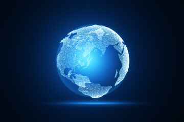 Creative glowing globe hologram on blurry blue background. Digital earth and metaverse concept. 3D Rendering.