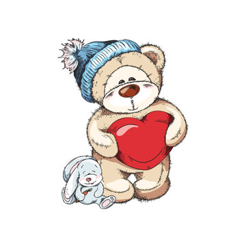 Colorfull watercolor hand drawn funny teddy bear boy with red heart, vector sketch bear doll isolated illustration