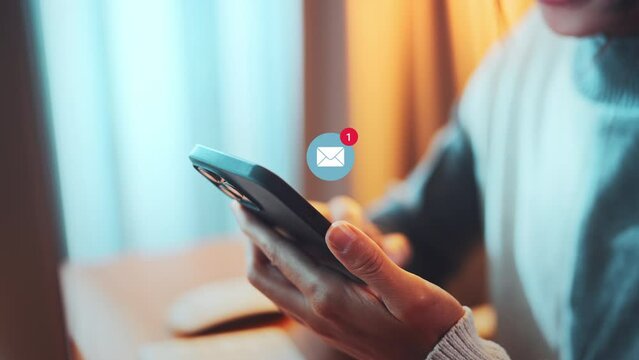 B roll - Woman hands using smartphone with 1 new email alert sign icon pop up, Female using phone for check email for work or sending text SMS short message at home, Online communication concept