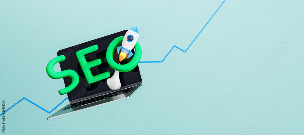 Aufkleber creative blue backdrop with flying rocket, word, mock up place and laptop. seo, startup and web deve