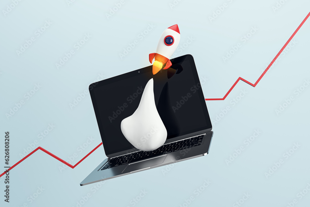 Poster Creative blue background with flying rocket and laptop. SEO, startup and web development concept. 3D Rendering.