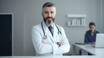 Doctor in uniform with stethoscope at the reception desk