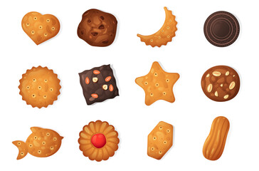 Cartoon cookies. Sweet dessert crackers with cream, sweet snack food for lunch or dinner, flat pastry biscuits. Vector isolated set