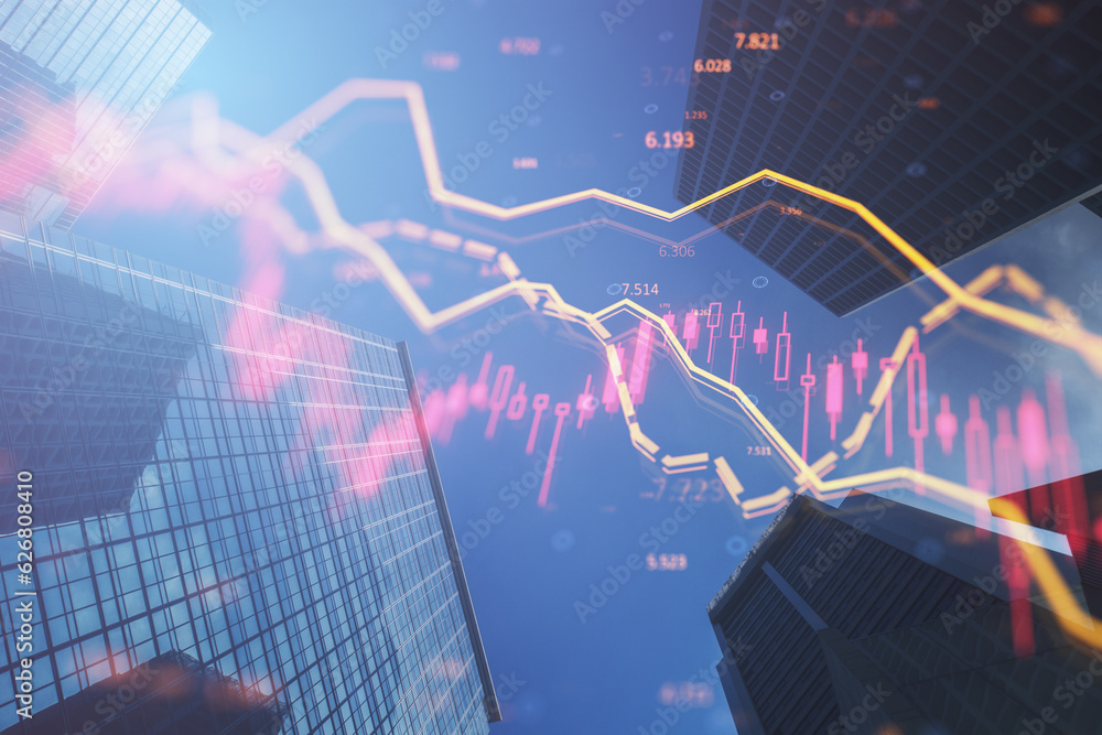 Poster abstract falling forex chart with index on blurry city texture. crisis and declining trade concept. 