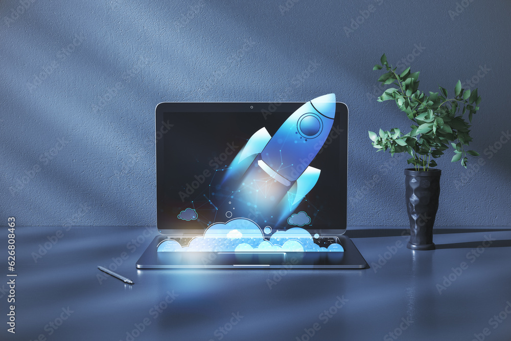 Poster Close up of laptop computer at workplace with supplies and glowing flying blue rocket. Start up and launch concept. 3D Rendering.
