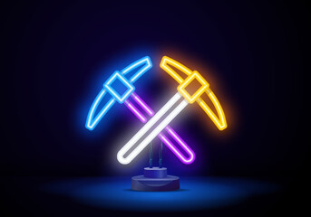 Glowing neon line Crossed pickaxe icon isolated on brick wall background.