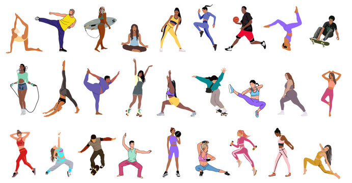 Collection of different men and women performing various sports activities. Bundle of training, exercising people isolated on transparent background. Vector realistic illustrations in cartoon style.
