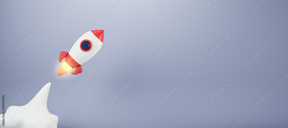 Poster startup and promotion concept with launched rocket and blank place for your logo on light background