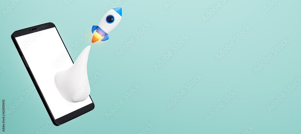 Poster Creative blue background with flying rocket, smartphone and mockup place. SEO, startup and web development concept. 3D Rendering.