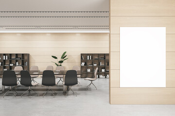 Front view of blank white poster on wooden wall and modern negotiant office room on a background, mockup. 3D Rendering