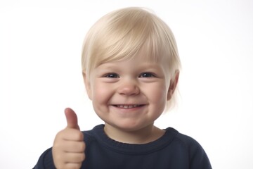 Portrait of a little boy 2-4 years old showing thumb up on a white background. generative ai