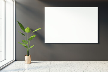 Fototapeta na wymiar Front view of blank white poster on dark wall in a modern office corridor interior. 3D Rendering, mockup