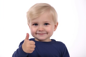 Portrait of a little boy 2-4 years old showing thumb up on a white background. generative ai