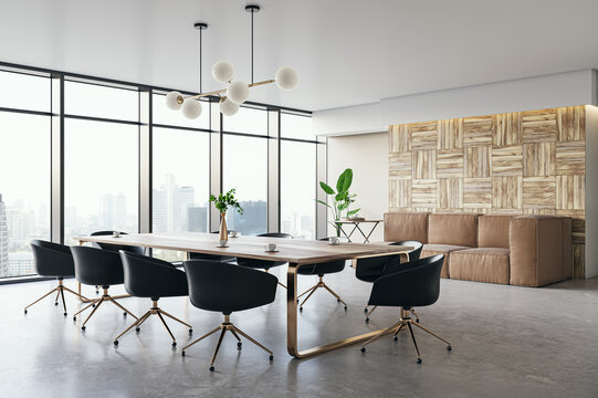 Perspective view of modern luxury meeting room interior with office desk and chairs, panoramic window, wooden wall and concrete floor. 3D Rendering