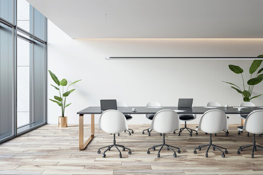 Side view of empty modern conference room with office table and chairs, panoramic window, wooden floor and white walls. 3D Rendering