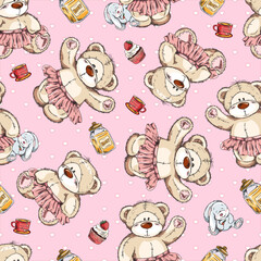 Seamless pattern with teddy bears girlish hand drawn vector illustration.