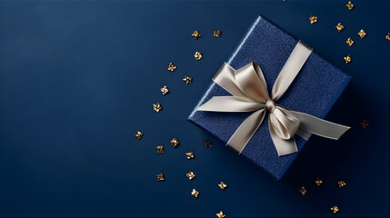 Dark blue gift box with gold satin ribbon on dark background. Top view of birthday gift with copy space for holiday or Christmas present - obrazy, fototapety, plakaty