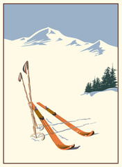 Vintage winter ski poster. Vintage wooden skis with bamboo ski poles on ski track against winter mountains background. Refined interior solution. - obrazy, fototapety, plakaty