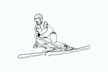 Fototapeta na wymiar Vector illustration. An experienced female skier descends the mountain. Line drawing. Minimalistic design.
