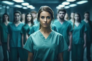 Portrait of a young nursing student standing with her team in hospital, dressed in scrubs, Doctor intern . Medical concept.