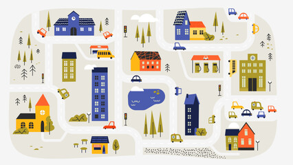 Cute town map. Children street plan with buildings and trees, cute village landscape with houses and cars. Vector cartoon community street plan © Tartila