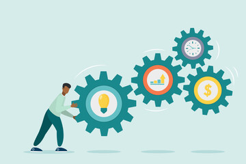 Character is pushing a big gear. Search for a solution to the problem. Symbol of opportunity, improvement, motivation, challenge. Effort and time to make money, success long term investment.
