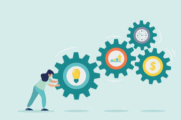 Character is pushing a big gear. Search for a solution to the problem. Symbol of opportunity, improvement, motivation, challenge. Effort and time to make money, success long term investment.
