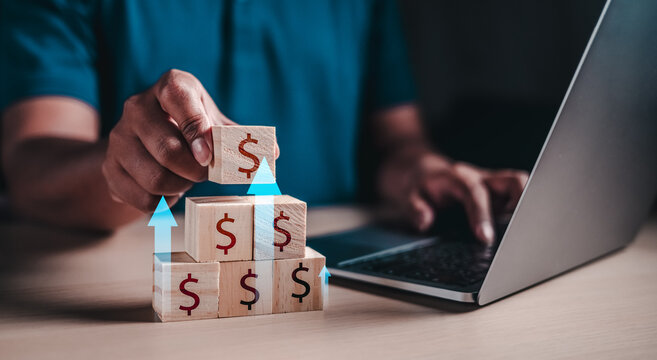 Finance and investment, financial and banking, growth, saving, wealth, investor, asset. Sort the cube to height profit to take it. that cube has finance wealth dollar symbol stick.